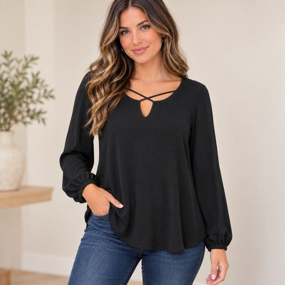 Fortune + Ivy Black Criss Cross Keyhole Long Sleeve Blouse Size Large NWOT